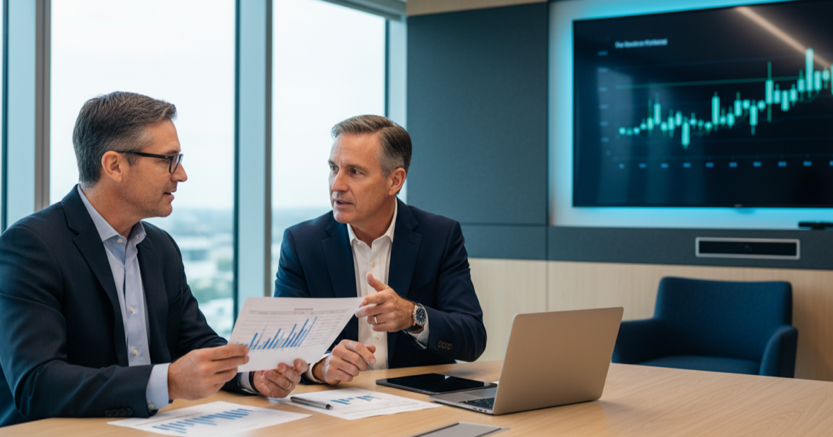 A finance leader and an engineering executive reviewing a printed PLM business case at a conference table, with a financial model visible on a screen behind them.