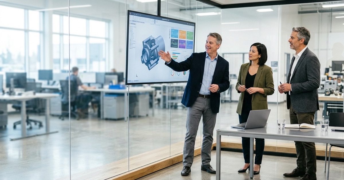 Engineering and manufacturing leaders reviewing product lifecycle data on a shared screen