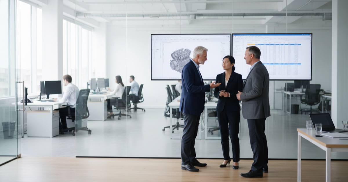 Three manufacturing executives in a glass-walled office comparing two wall displays, one showing a CAD product structure in PLM and the other an ERP dashboard of data tables.