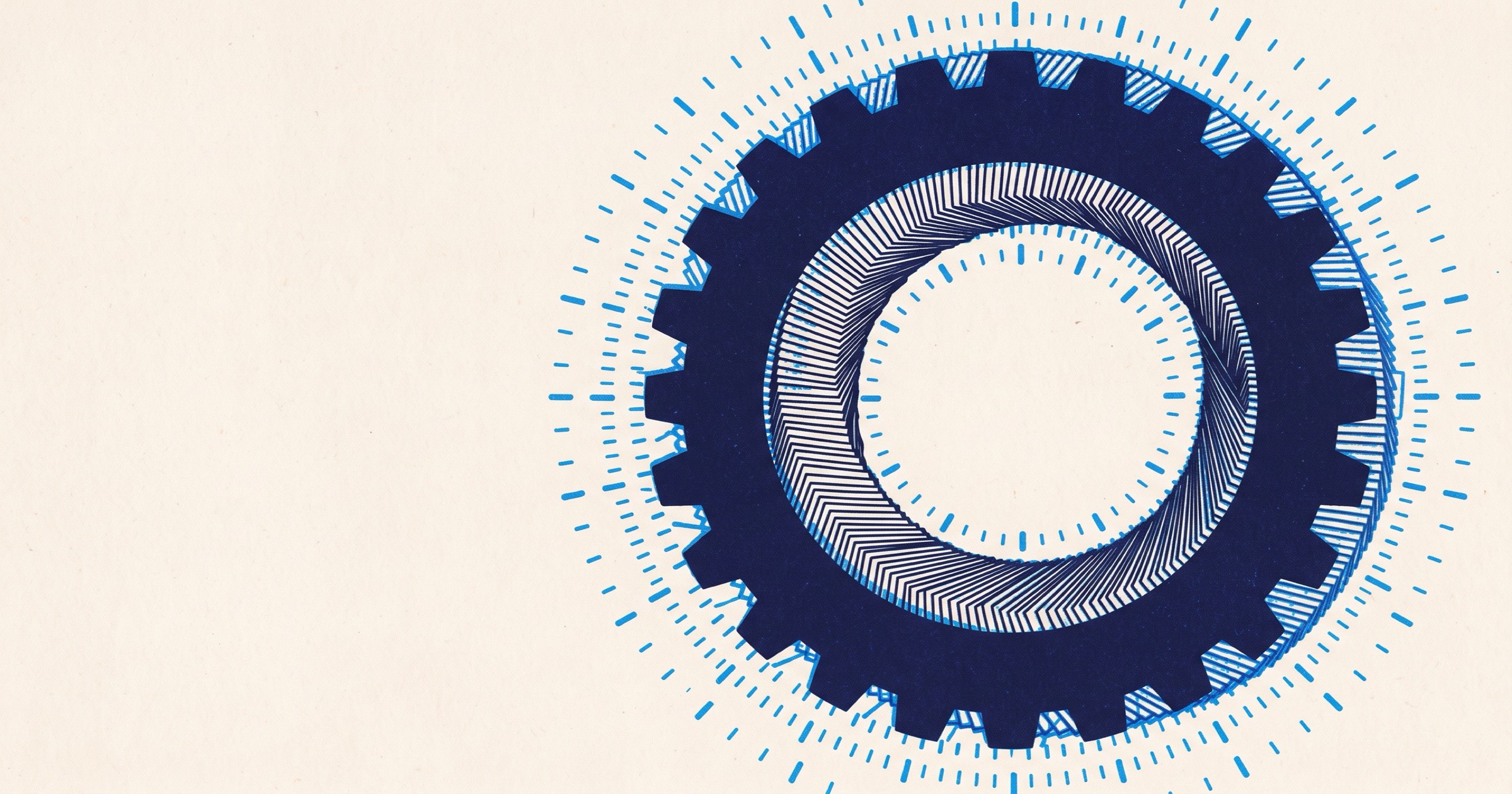 Risograph print of a large navy gear-toothed ring made of coiled receipt tape, ringed by fields of small bright-blue tick marks like recurring calendar dates, on warm off-white paper.