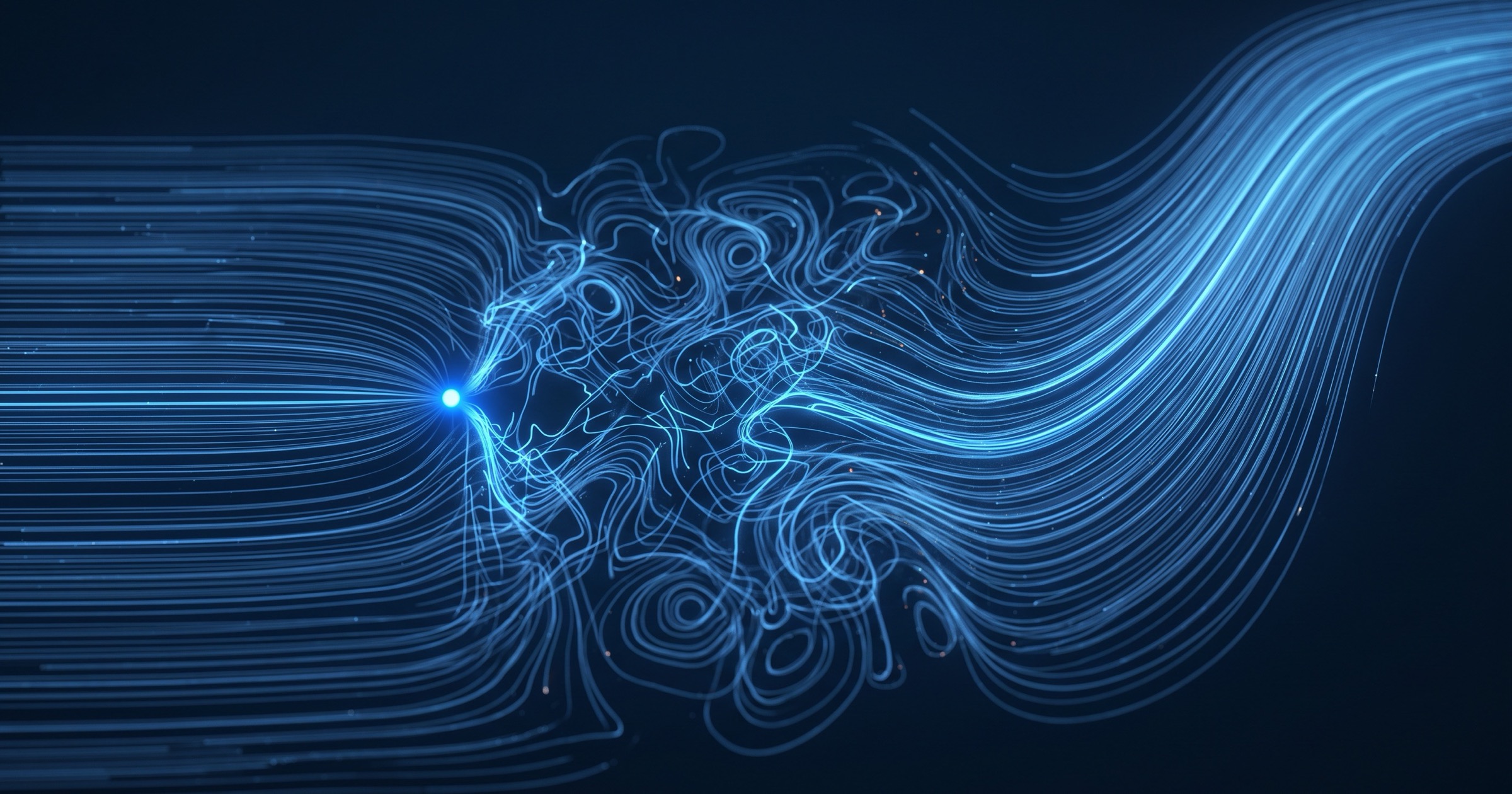 Glowing streamlines run flat, hit a bright node, churn into eddies, then settle into a smooth rising sweep.