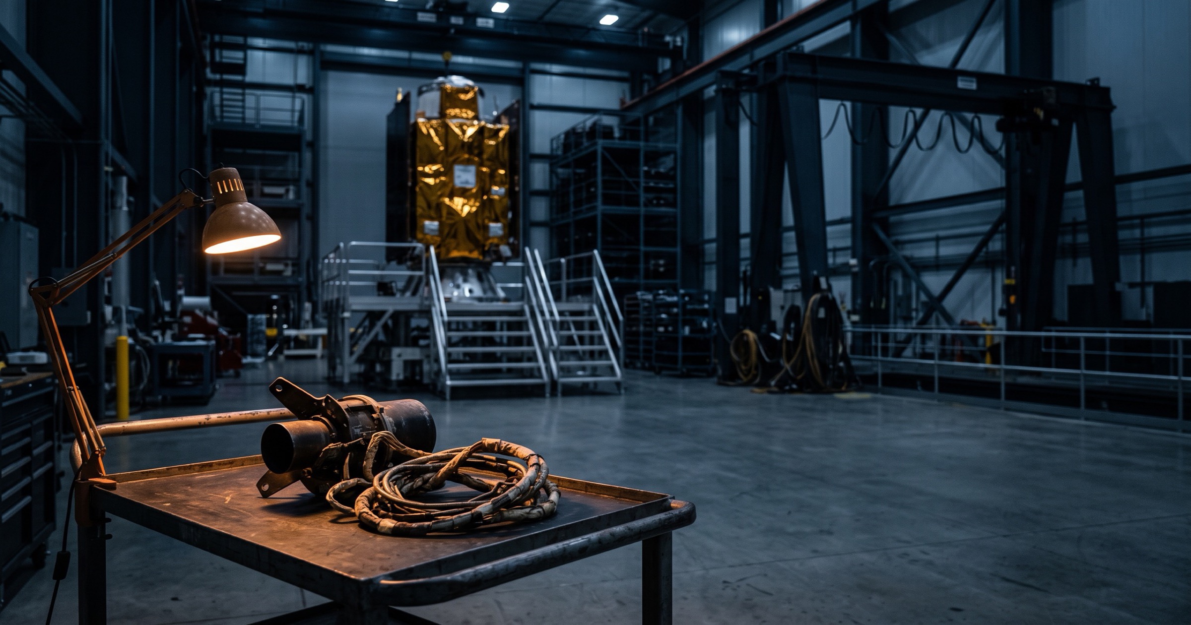 A decades-old satellite thruster with its bracket and coiled harness on a steel cart under a work lamp in an empty spacecraft integration bay, a modern gold-wrapped spacecraft bus on its stand behind it.