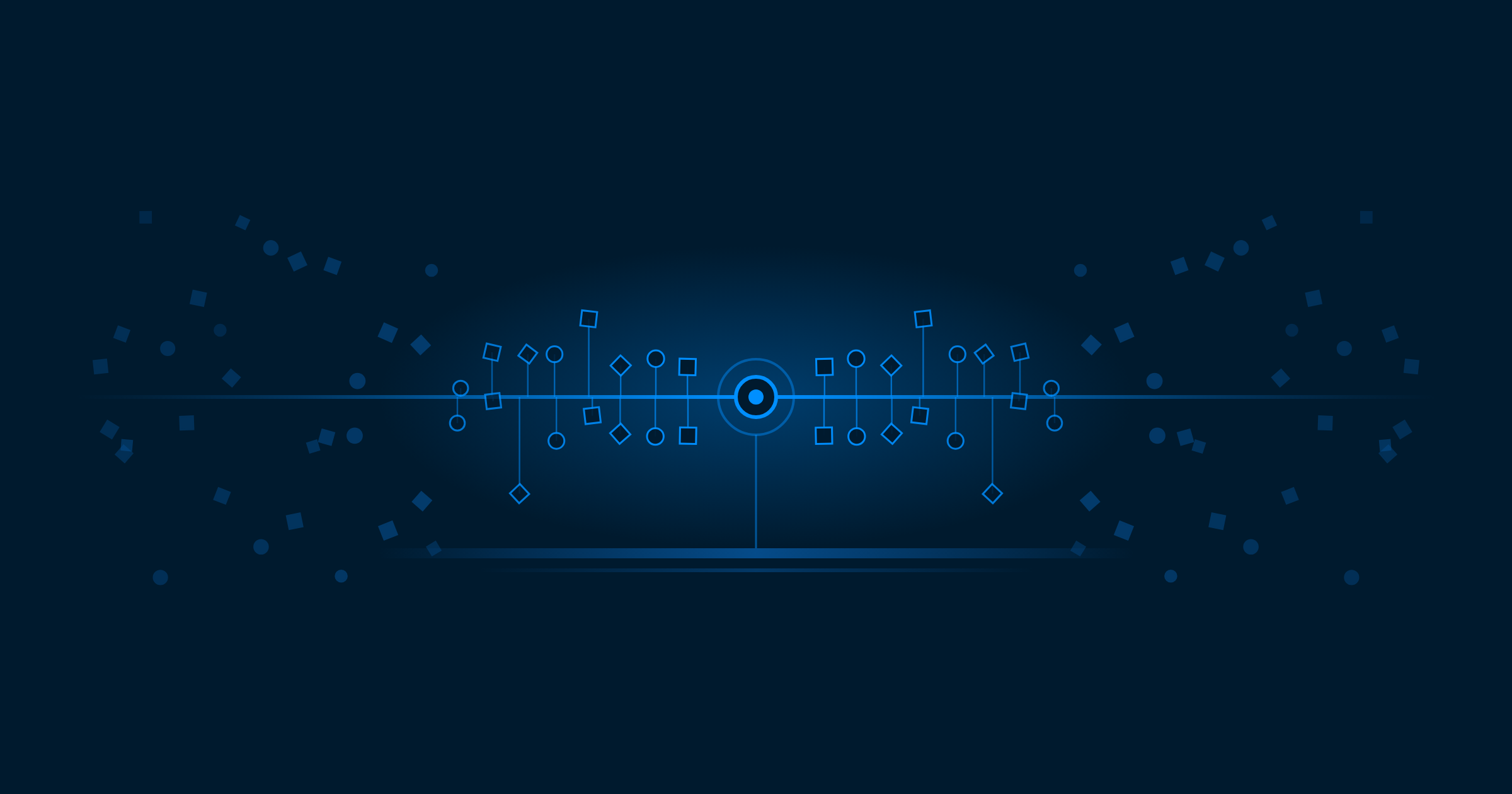 Scattered marks for parts, changes and decisions drift in from both edges of a dark navy field and tie onto a single bright blue thread at the centre, which rests on a foundation line below.